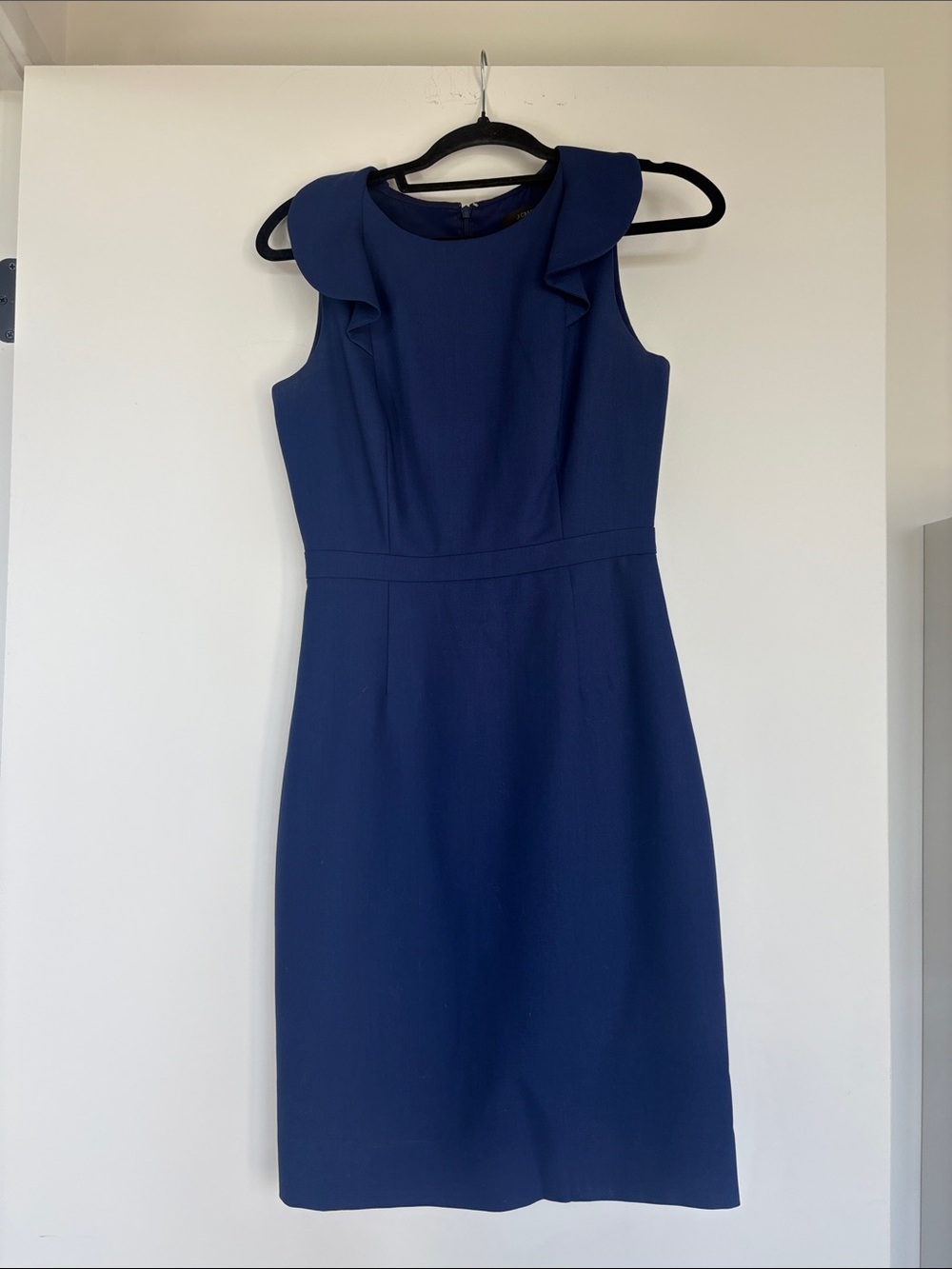 J. Crew Navy Ruffle-Shoulder Midi Sheath Dress